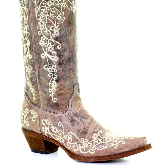 CORRAL BROWN CRATER WITH BONE EMBROIDERY COWGIRL BOOTS - SNIP TOE - Size 7 - Picture 1 of 7